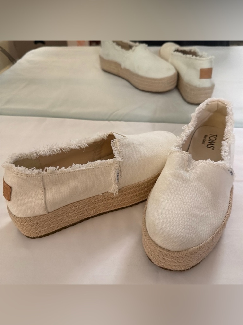 Toms Cream Canvas Frayed-Edge Espadrille Platform Slip-On